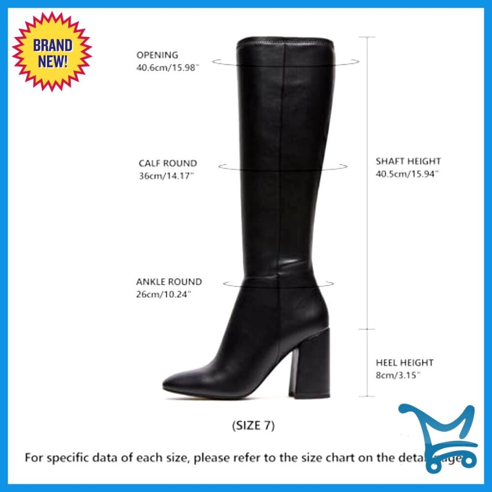 Faux Leather Knee High Boots Square Toe Chunky Heel Side Zip - Picture 4 of 7